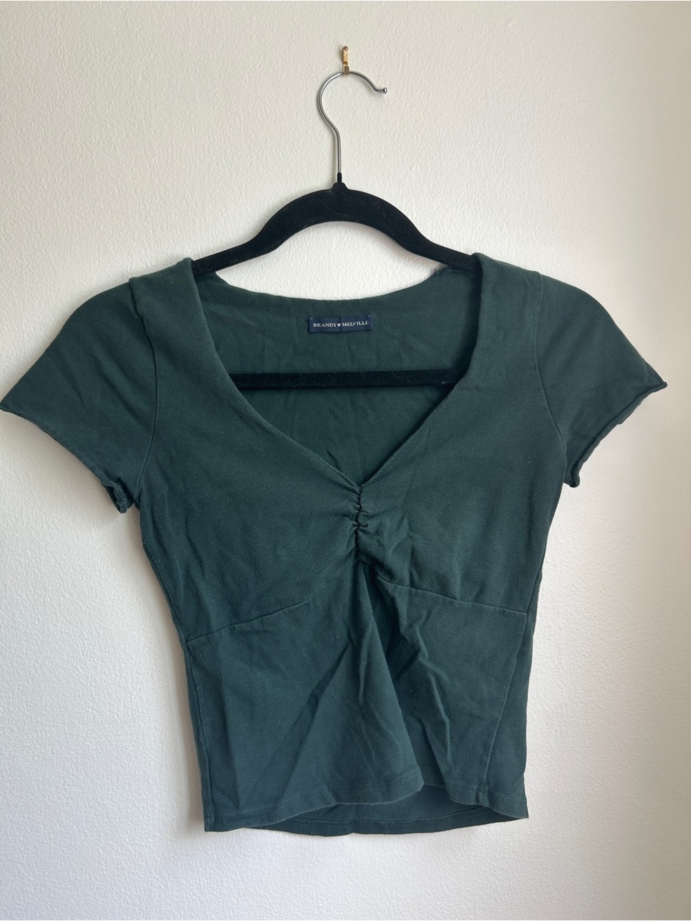 Brandy Melville Dark Green Ruched V-Neck Crop Top